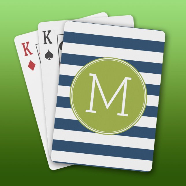 Jeu De Cartes Monogramme vert Motif rayé blanc et marine (Custom Playing Cards)