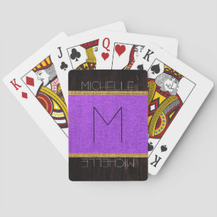 Jeu De Cartes Monogramme Violet Toile de Jute Bois Aspect Rustiq