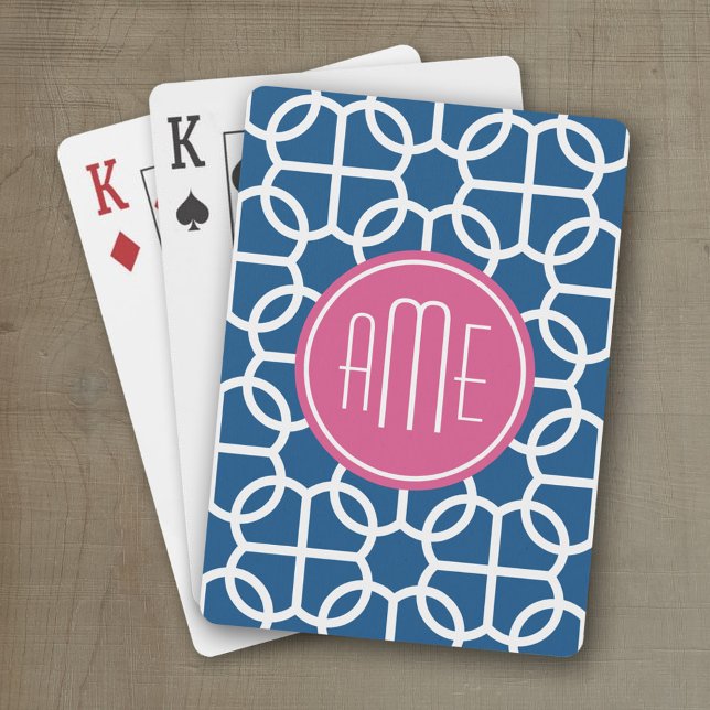 Jeu De Cartes Monogrammes de Motif géométrique rose et bleu chau (Personalized playing cards with monogram or custom text)