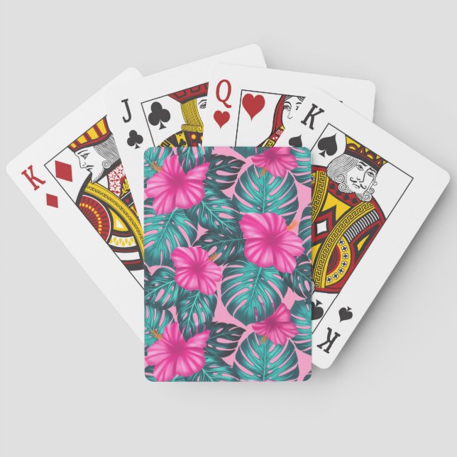Jeu De Cartes Monstera Feuilles et Hibiscus, Turquoise et rose (dos)