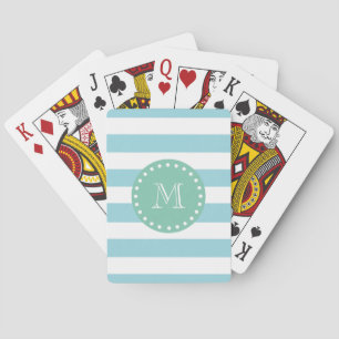 Jeu De Cartes Motif blanc bleu de rayures, monogramme vert en
