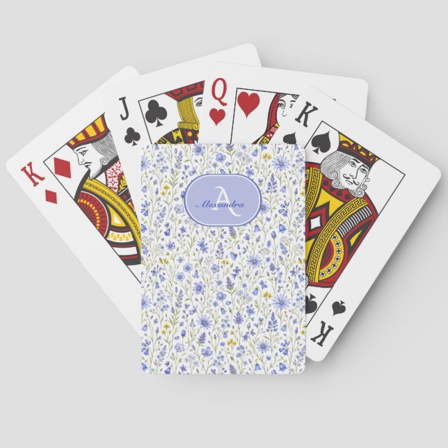 Jeu De Cartes Motif de fleur sauvage à l'aquarelle bleue avec no (dos)
