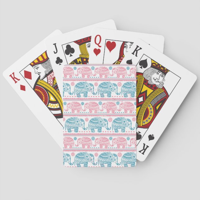 Jeu De Cartes Motif d'éléphants ethniques rose et Turquoise (dos)