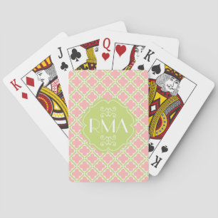 Jeu De Cartes Motif élégant de trèfle monogrammé rose et vert