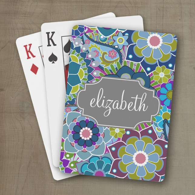 Jeu De Cartes Motif floral funky avec nom personnalisé - gris (Personalized playing cards with an area for text such as a name or monogram)