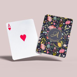 Jeu De Cartes Motif floral gris rose nom monogramme