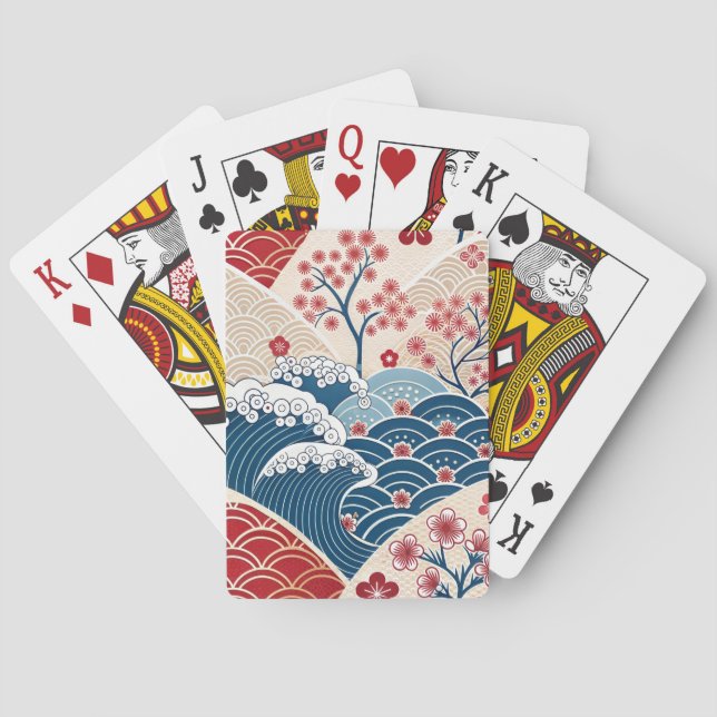 Jeu De Cartes Motif traditionnel japonais vague rouge bleu Sakur (dos)