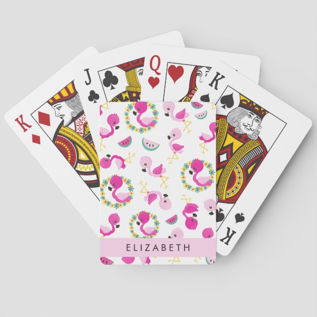Jeu De Cartes Motif tropical, Flamants roses, Fleurs, Votre Nom (dos)