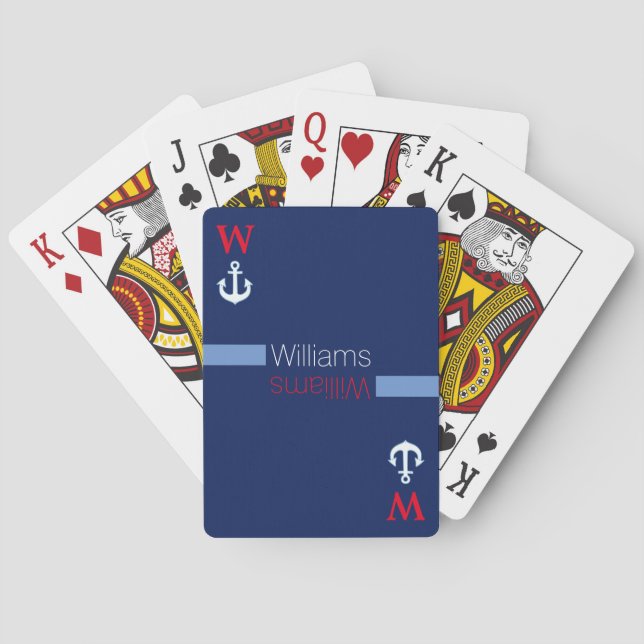 Jeu De Cartes nautique bleu personnalisé du nom de famille | (dos)