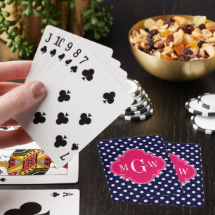 Jeu De Cartes Navy Blanc pois framboise quatrefeuilles 3 Monogra