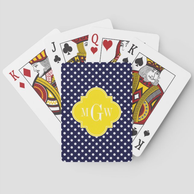 Jeu De Cartes Navy White Polka Dots Yellow Quatrefoil 3 monogram (dos)