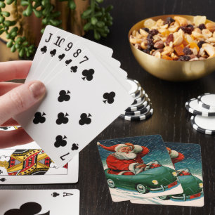 Jeu De Cartes Noël vintage, le Père Noël dans une jolie voiture