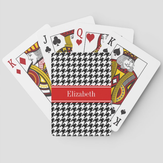 Jeu De Cartes Noir Blanc Houndstooth Nom rouge Monogramme (dos)