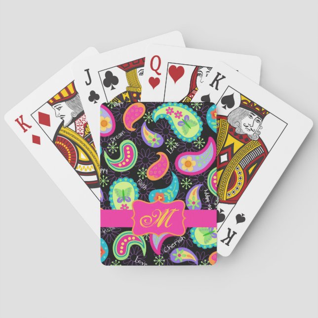 Jeu De Cartes Noir Fuchsia rose moderne Paisson Monogramme (dos)