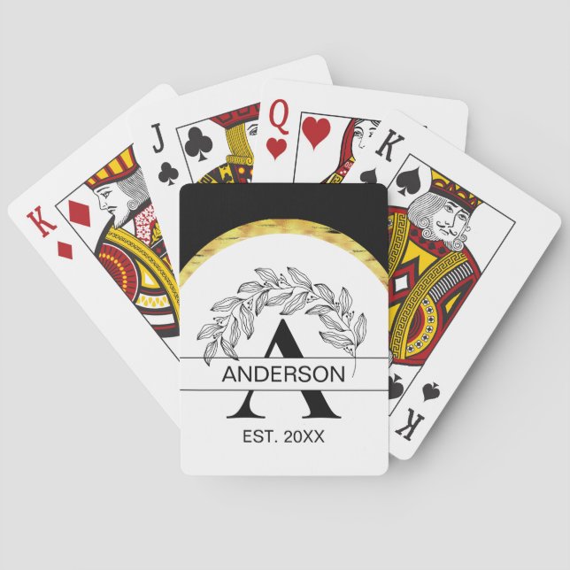 Jeu De Cartes Nom de famille Floral noir et blanc Monogramme (dos)