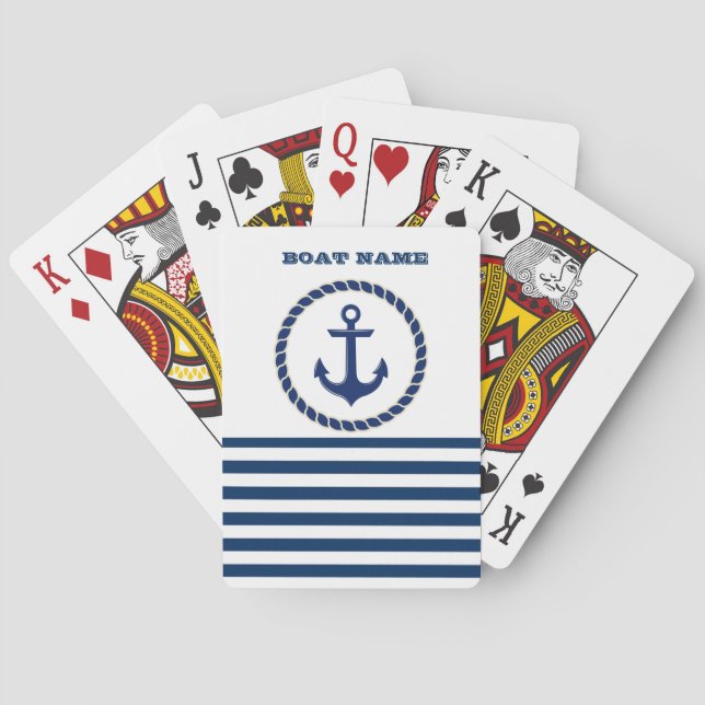 Jeu De Cartes Nom du bateau nautique, Ancre Marine Bleu rayé (dos)