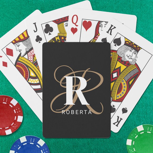 Jeu De Cartes Nom du monogramme de script Black Gold moderne (Créateur téléchargé)