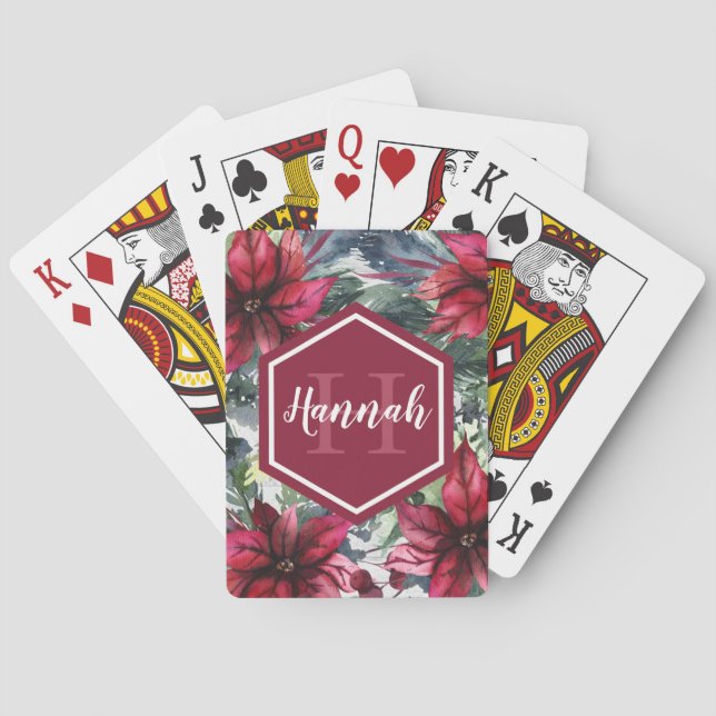 Jeu De Cartes Nom du monogramme personnalisé Poinsettia rouge (dos)