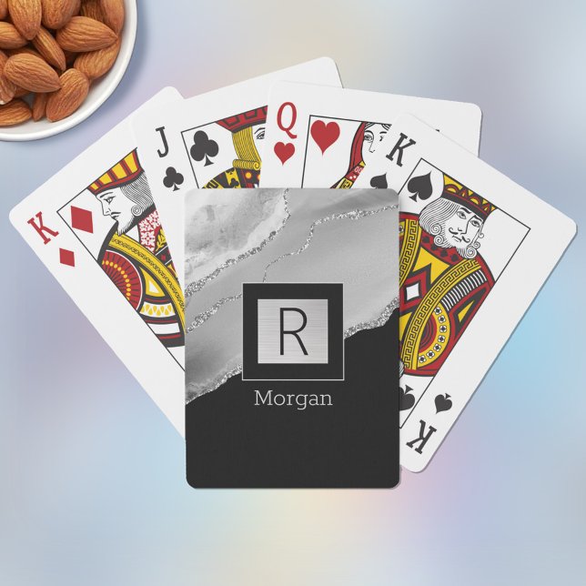 Jeu De Cartes Nom et monogramme, boîte noire et argent, vieillis (Créateur téléchargé)