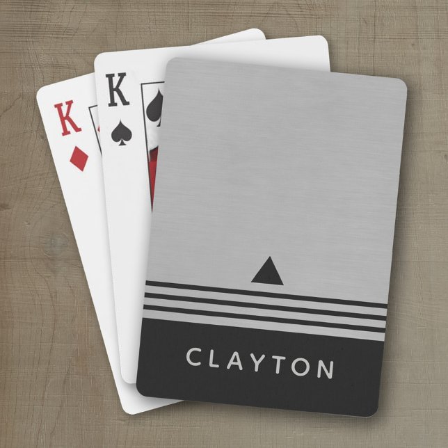 Jeu De Cartes Nom personnalisé Brossé Argent et Noir Manly Desig (Personalized playing cards with a masculine space age design and a place for a name or monogram)