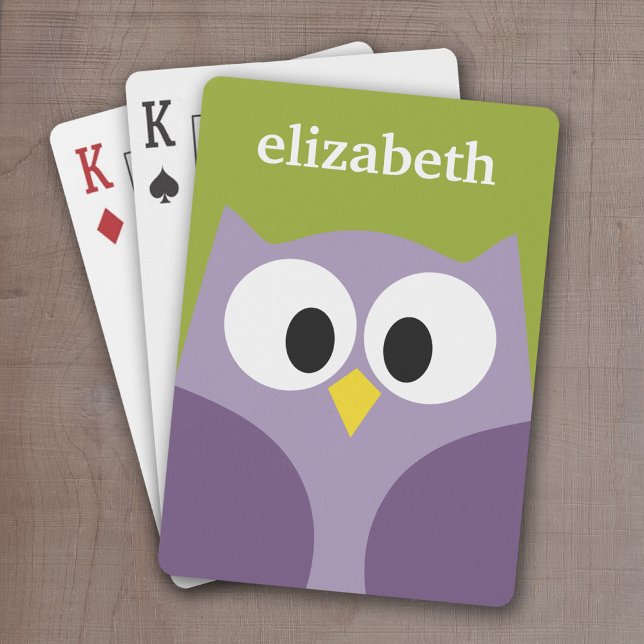 Jeu De Cartes Nom personnalisé de la chouette de dessin mignonne (Cute Personalized playing cards with a cartoon owl and a monogram or name)