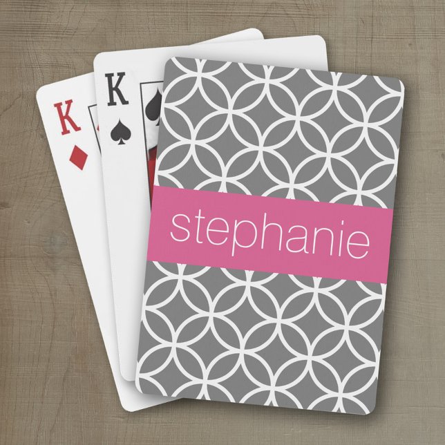 Jeu De Cartes Nom personnalisé du Motif géométrique gris et blan (Personalized playing cards with a geometric pattern and a place for a name)