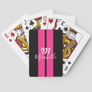 Jeu De Cartes Nom personnalisé Hot Rose Racing Stripe Monogramme