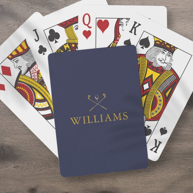 Jeu De Cartes Nom Personnalisé Marine Blue and Gold Golf Clubs (Personalized Name Navy Blue And Gold Golf Clubs Playing Cards)