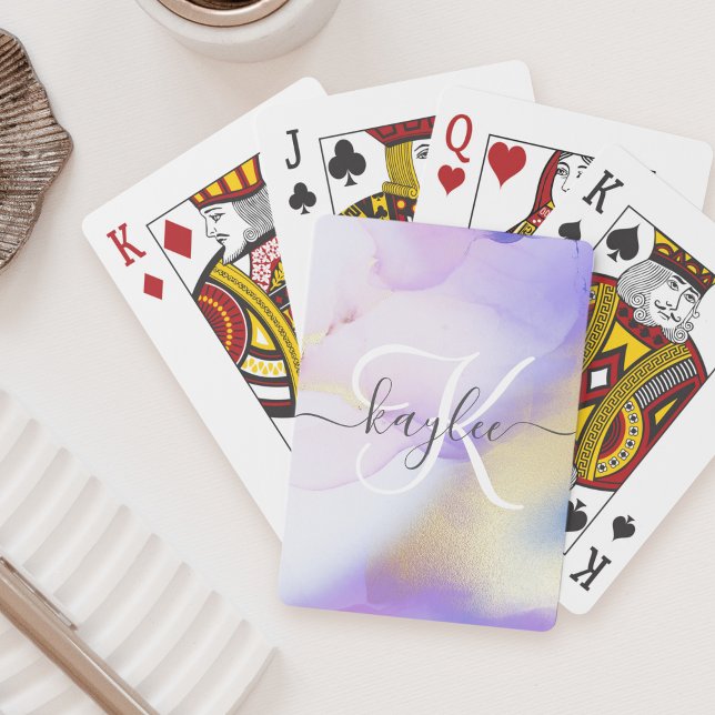 Jeu De Cartes Nom personnalisé Monogram Purple Aquarelle Luxe (Créateur téléchargé)