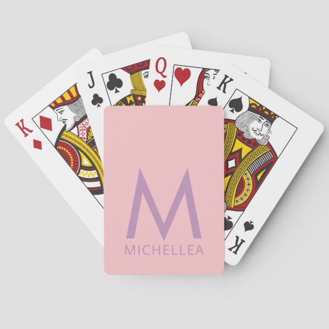 Jeu De Cartes Nom personnalisé rose et violet + monogramme (dos)