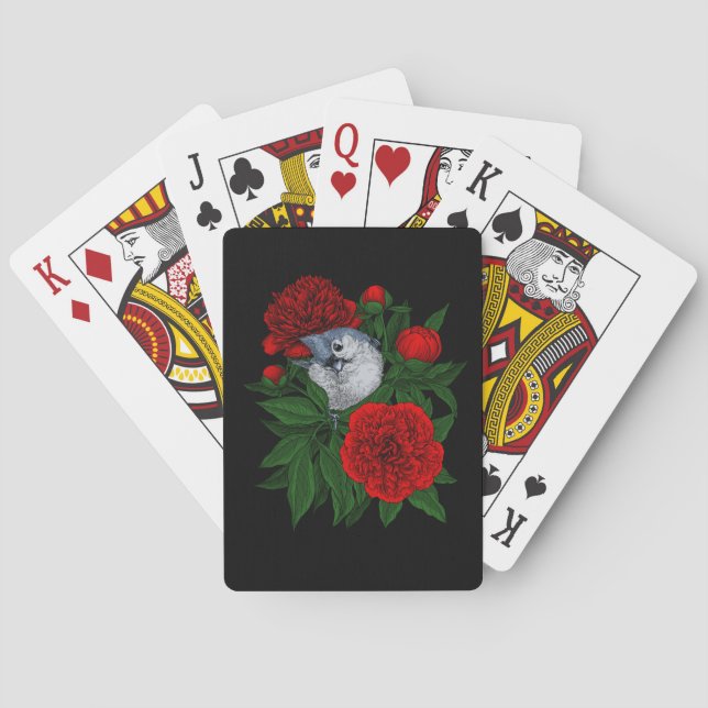Jeu De Cartes Oiseau sur un bouquet de pivoine rouge (dos)