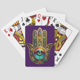 Jeu De Cartes Orné Hamsa Coloré Or Sur Fond Rouge Troisième Œil 
