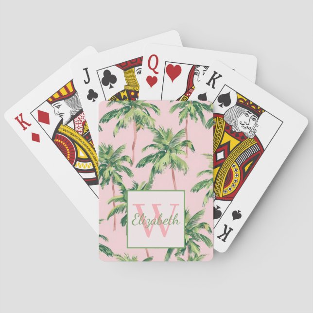 Jeu De Cartes Palmiers tropicaux sur Monogramme rose (dos)