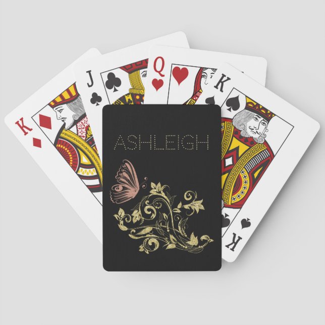 Jeu De Cartes Papillon doré et rose étincelant personnalisé (dos)