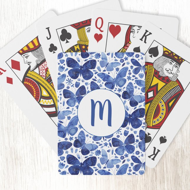 Jeu De Cartes Papillons Aquarelle Bleu Monogramme (Blue and white butterfly watercolor monogram initial personalized playing cards)