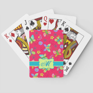Jeu De Cartes Papillons Whimsy moderne sur Monogramme rouge pers