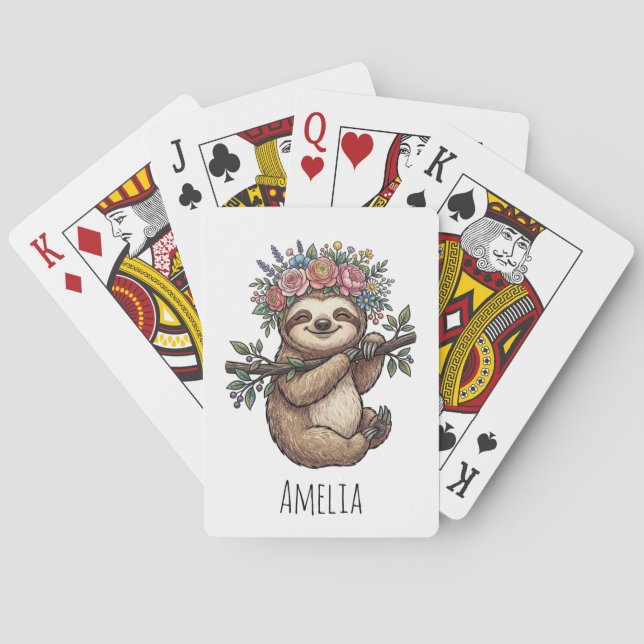Jeu De Cartes Paresseux floral mignon personnalisé avec couronne (dos)