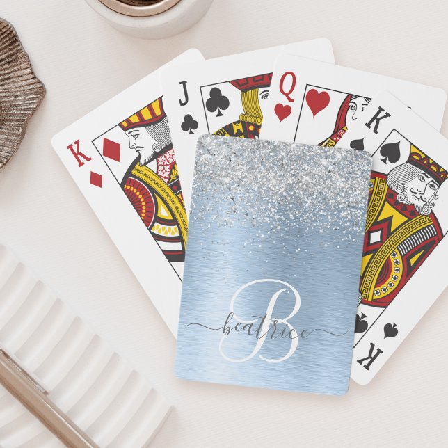 Jeu De Cartes Parties scintillant en argent brossé bleu Nom du m (Créateur téléchargé)