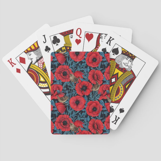 Jeu De Cartes Pavot rouge et brunes, feuilles bleus sur noir (dos)
