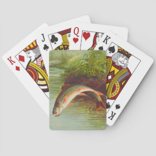 Jeu De Cartes Pêche à la truite de ruisseau Leaping vintage illu