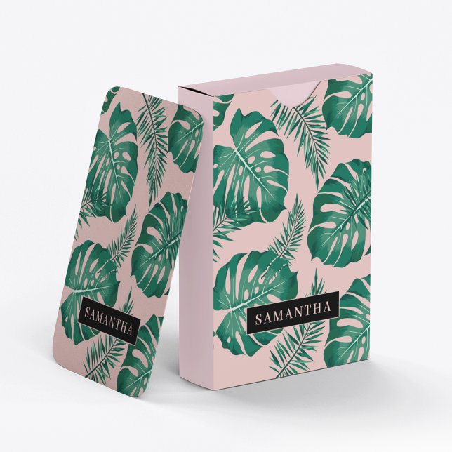 Jeu De Cartes Pink & Green Palm Feuille Motif & nom (Créateur téléchargé)