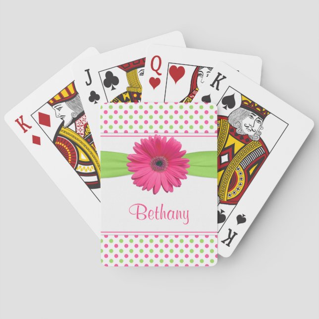 Jeu De Cartes Pink Green Polka Dot Gerber Daisy Personnalisé (dos)