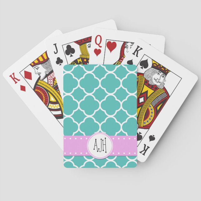 Jeu De Cartes Quatrefoil bleu, Trellis marocain, Monogramme (dos)