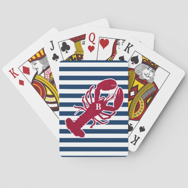 Jeu De Cartes Rayure blanche bleue de monogramme rouge nautique (dos)