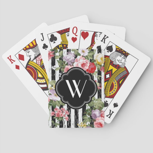 Jeu De Cartes Rayure noire patinée florale de monogramme (dos)