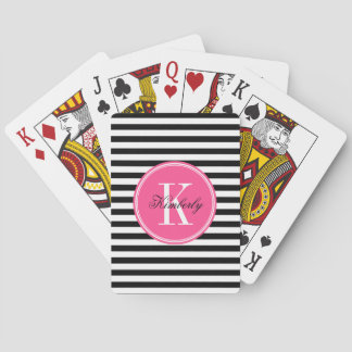 Jeu De Cartes Rayures noires et blanches avec le monogramme rose