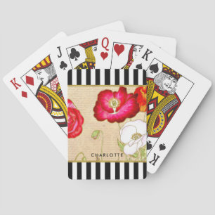 Jeu De Cartes Rayures noires florales de pavot rouge élégant