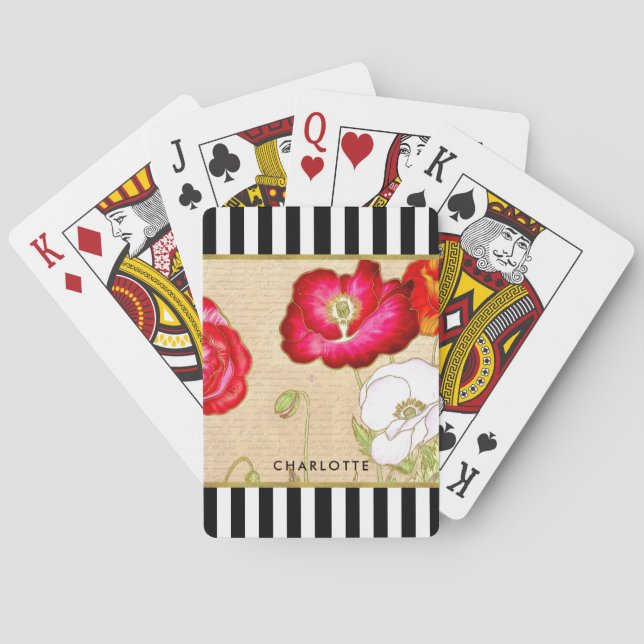 Jeu De Cartes Rayures noires florales de pavot rouge élégant (dos)