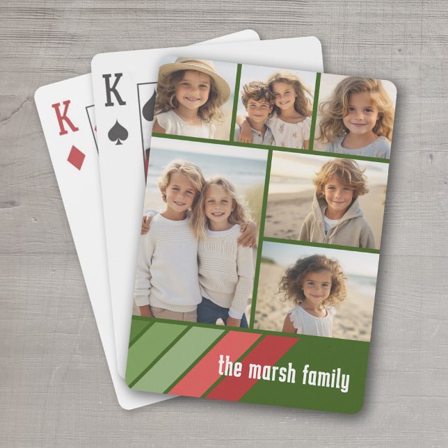 Jeu De Cartes Red Green Retro Stripes - 6 Photo Collage (Personalized Playing Cards - add your photos and text)