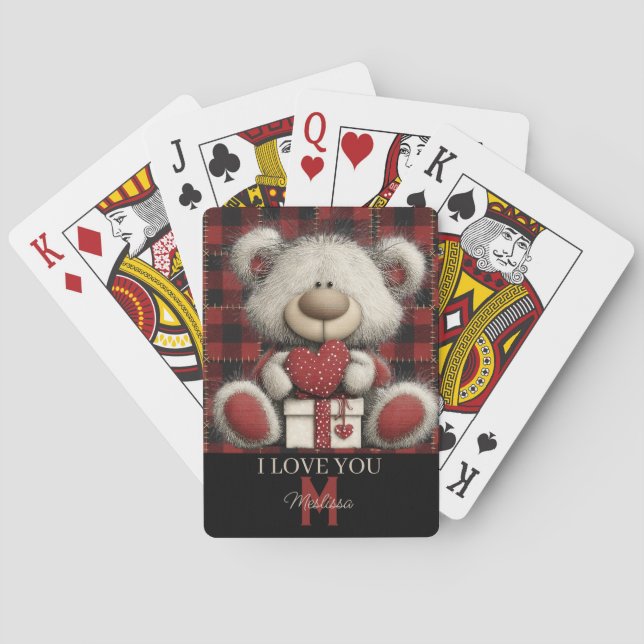 Jeu De Cartes Red Plaid Bear I Love You Custom Name Monogram (dos)